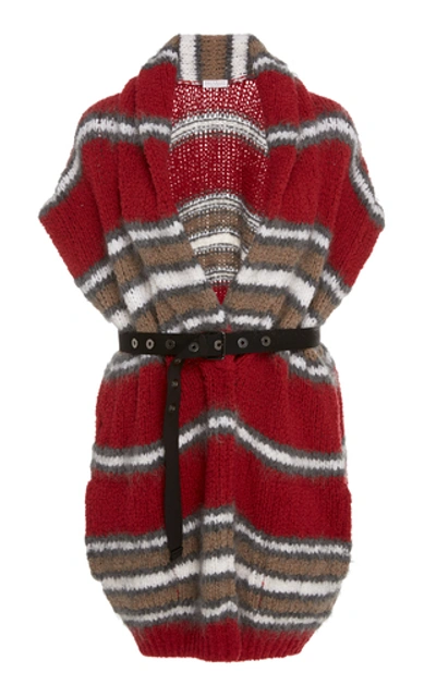 Brunello Cucinelli Belted Striped Wool-blend Cardigan In Multi