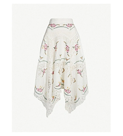 Zimmermann Allia Floral And Lace Insert Linen And Cotton-blend Cotton Skirt In Ivory