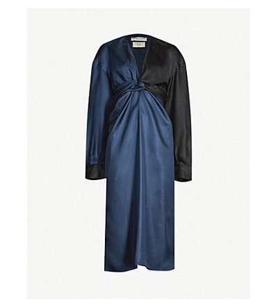 Bottega Veneta Two-tone Silk-twill Midi Wrap Dress In Nero-petrol Blue