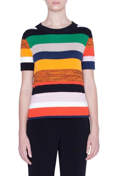 Akris Punto Multicolor Stripe Short Sleeve Sweater In Sun Black