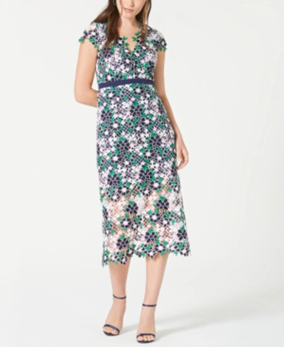 Foxiedox Embroidered Lace Midi Dress In Navy/ivory/green