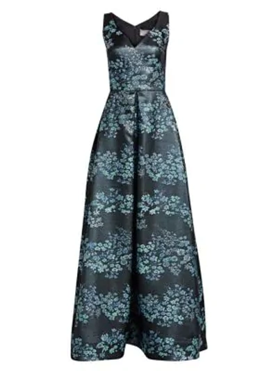 Theia Floral Jacquard Ball Gown In Sea