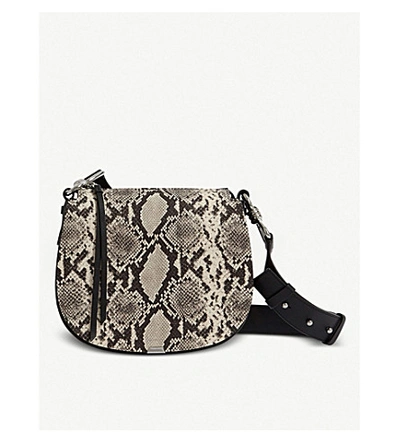 Allsaints Sliver Snake-print Round Leather Crossbody Bag In Natural
