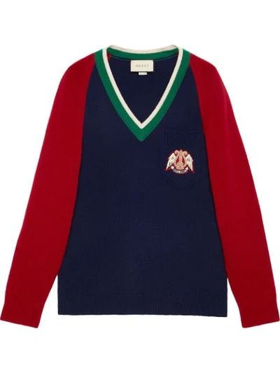 Gucci V-neck Wool Sweater With Lyre In Blue