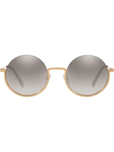 Miu Miu Société Round Frame Sunglasses In Anthracite Gray To Lake Blue Gradient Lenses With Silver Mirror Finish