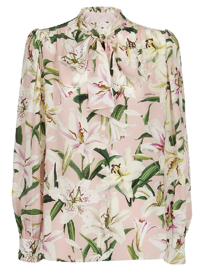 Dolce & Gabbana Pussy-bow Floral-print Silk-chiffon Blouse In Light Pink