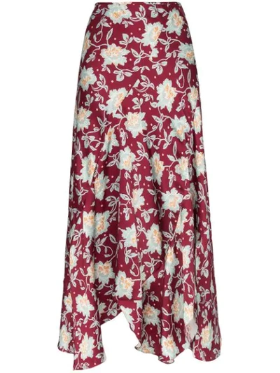 Chloé Asymmetric Floral-print Silk Midi Skirt In Burgundy