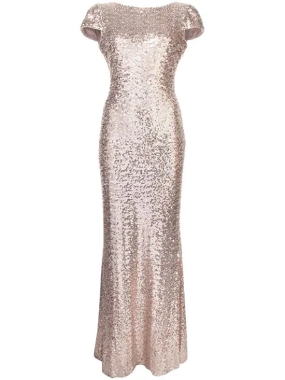 Badgley Mischka Cap-sleeve Cowl-back Sequined Gown In Blush