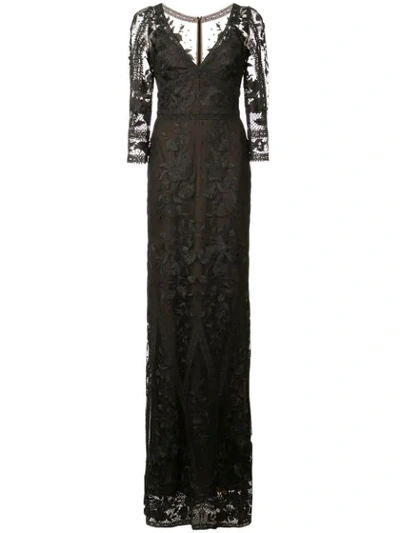 Marchesa Notte Long Floral Lace Gown In Black