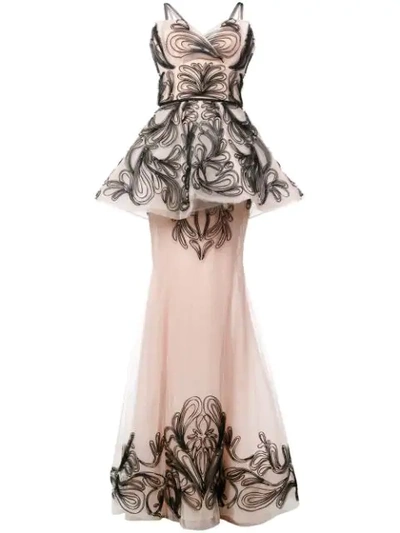 Marchesa Embroidered Sleeveless Tule Gown In Blush