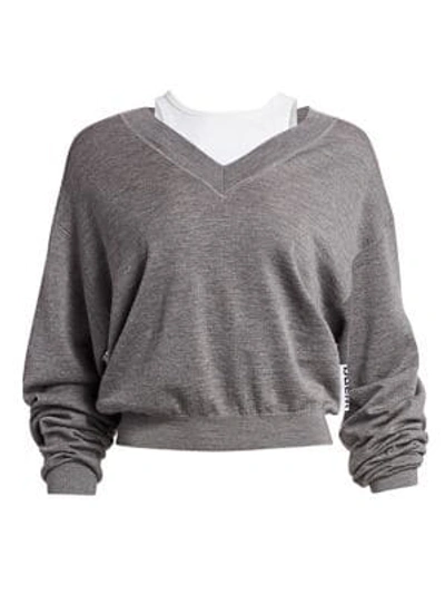Alexander Wang T Oversized Bi-layer V-neck Sweater In Heather Grey White