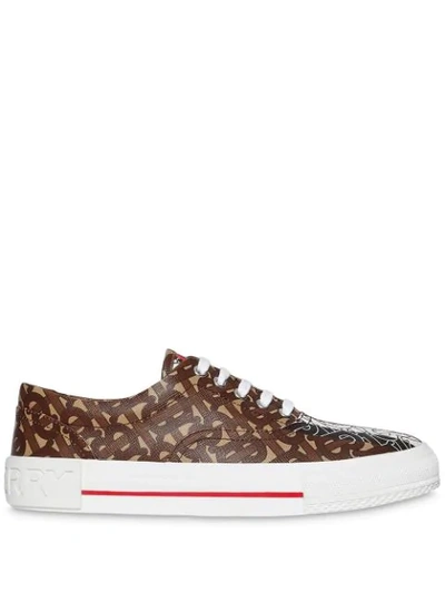 Burberry Monogram Stripe Print E-canvas Sneakers In Brown