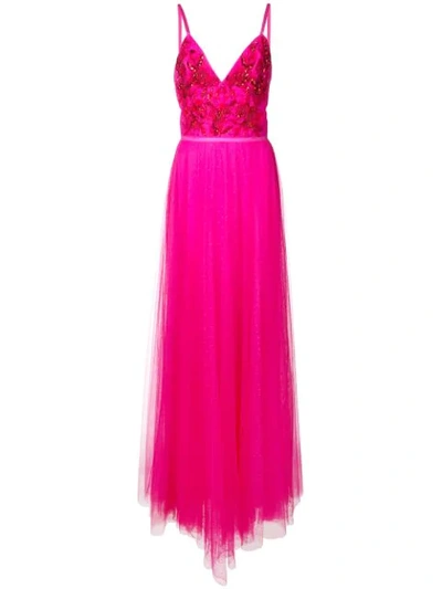 Marchesa Notte V-neck Sleeveless Embroidered Beaded Bodice Point D'esprit Gown In Pink