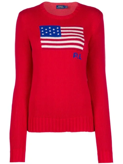 Polo Ralph Lauren Logo Flag Embroidered Sweater In Red