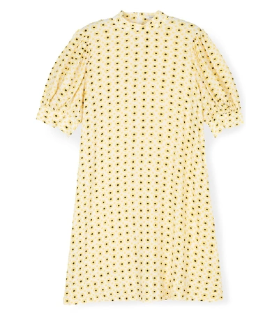 Ganni Balloon Sleeves Printed Crepe Mini Dress In Yellow