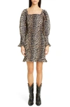 Ganni Puffed-sleeve Leopard-print Cotton And Silk-blend Mini Dress In Beige