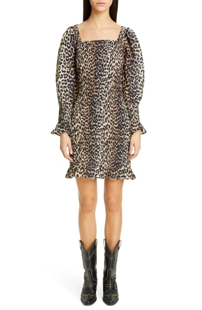 Ganni Puffed-sleeve Leopard-print Cotton And Silk-blend Mini Dress In Beige