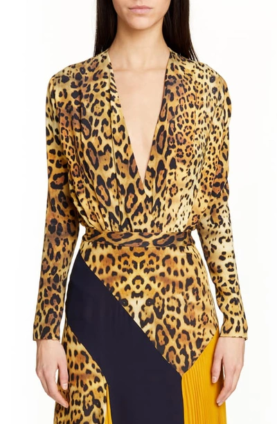 Cushnie Crossover Leopard Print Silk Bodysuit In Tan Leopard