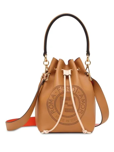 Fendi Mon Tresor Perforated-logo Leather Bucket Bag In Beige