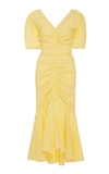 Staud Panier Ruched Gingham Seersucker Midi Dress In Yellow
