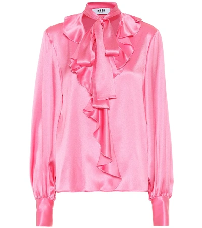 Msgm Ruffled Pussy-bow Satin Blouse In Pink