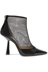 JIMMY CHOO KIX 100 FISHNET AND PATENT-LEATHER ANKLE BOOTS