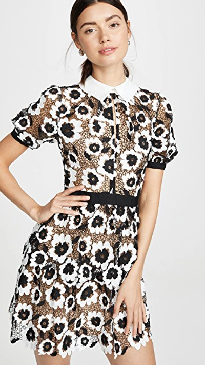 Self-portrait Abstract Floral Guipure Mini Dress In Ivory/black