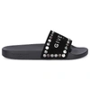 GIVENCHY SANDALS SLIDE RUBBER SUEDE LOGO METALLIC BLACK