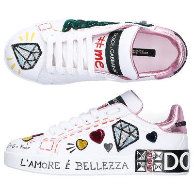 Dolce & Gabbana Low-top Sneakers Portofino  Calfskin Logo Patch Sequins Strass White-combo