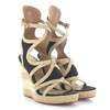 BALENCIAGA WEDGE SANDALEN FESSELRIEMEN LEDER BEIGE STOFF SCHWARZ