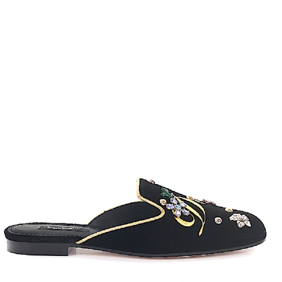 Dolce & Gabbana Embellished Velvet Slippers In Black