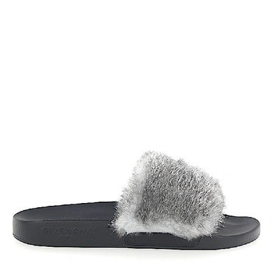 Givenchy Sandals Mink Fur Rubber Fur Upper Logo Black Grey