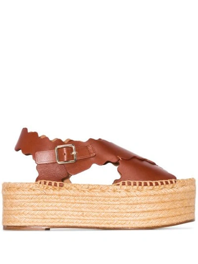 Chloé Scalloped Leather Flatform Espadrilles In Brown