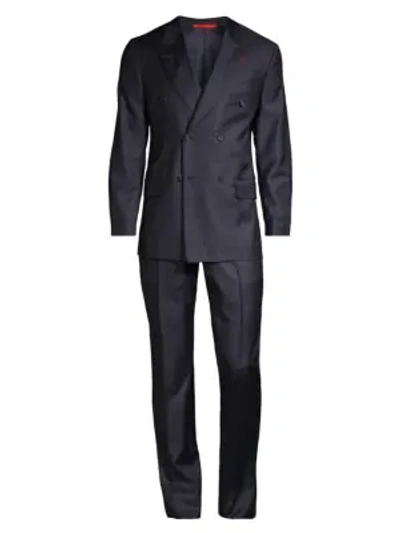 Isaia Double-breasted Plaid Wool Suit In Navy