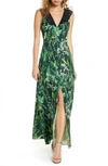 FOXIEDOX PRINT RUFFLE V-NECK EVENING GOWN,HS1483DR