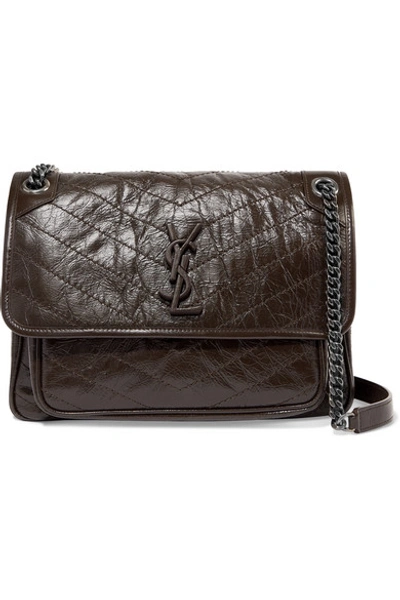 Saint Laurent Niki Medium Quilted Crinkled Glossed-leather Shoulder Bag In Brown