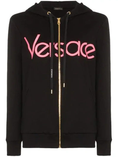 Versace Logo-embroidered Zip-up Hoodie In Black