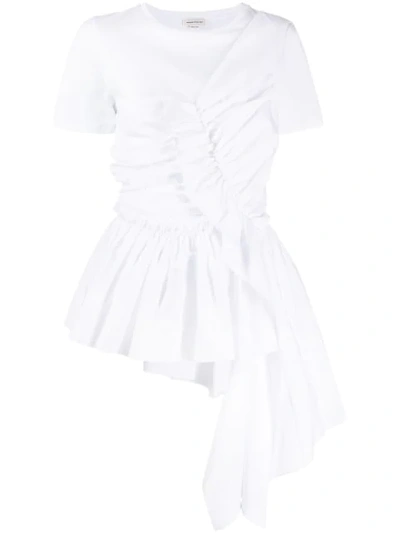 Alexander Mcqueen Ruffled Front Draped Cotton Jersey T-shirt In White