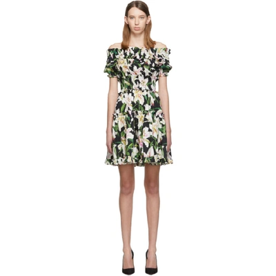 Dolce & Gabbana Off-the-shoulder Ruffled Floral-print Cotton-poplin Dress In Black