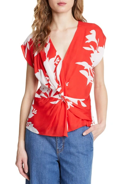 Joie Bosko Silk Print Twist-front Blouse In Tropic Red