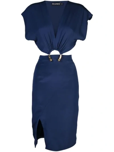 Haney Kerr Cutout Ring-embellished Silk-blend Crepe Dress In Blue