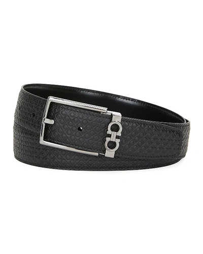 Ferragamo Men's Gancini Reversible Embossed/smooth Leather Belt In Black