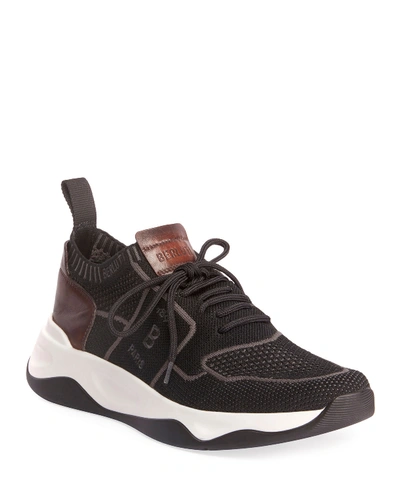 Berluti Men's Shadow Knit Sneaker With Leather Details In Black