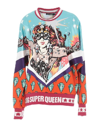 Dolce & Gabbana Long-sleeved Maxi Sweatshirt With Super Heroine Print In Multicolour