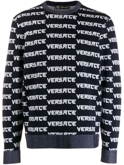 Versace Logo Stripe Tech Wool Jumper In Dark Blue