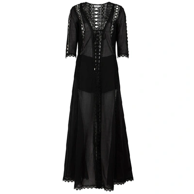 Charo Ruiz Ali Crocheted Lace-paneled Cotton-blend Voile Dressing Gown In Black