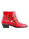 Chloé Susanna Low Heels Ankle Boots In Red Leather In Tulip Red