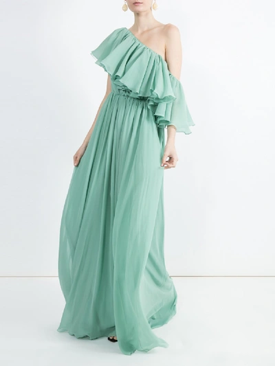 Giambattista Valli Green Women's One Shoulder Ruffle Silk Gown