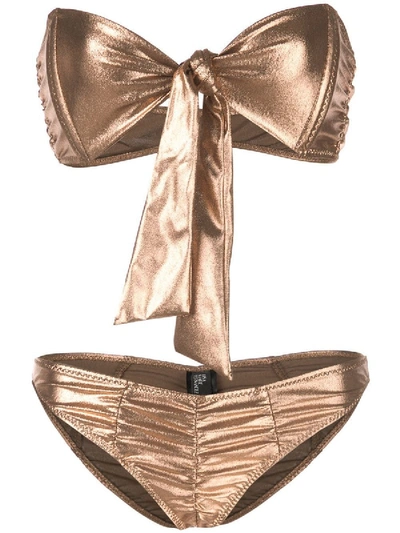 Lisa Marie Fernandez Poppy Tie-front Ruched Metallic Bikini In Copper