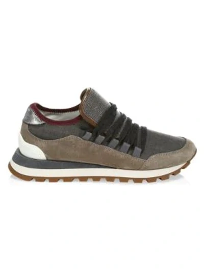Brunello Cucinelli Mixed Leather And Fabric Sneakers With Monili Trim In Grey